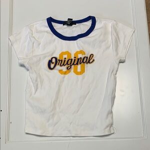 White and Blue Crop Top with Retro Graphic